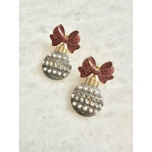 Light pink bow Christmas ornament dangle earring with pearl detail